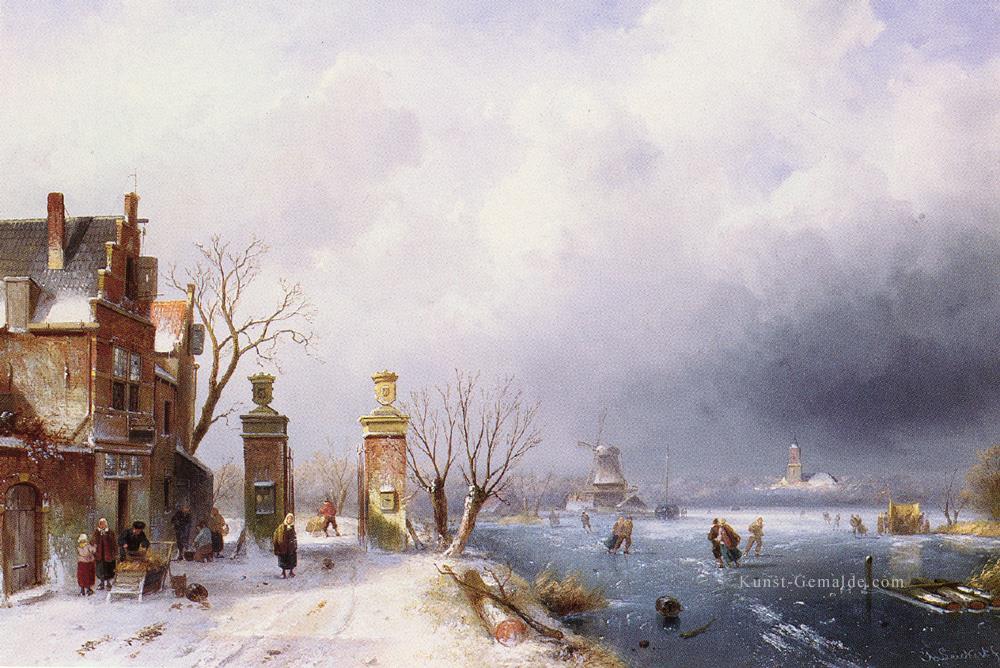 belgischen 1818 bis 1907A sonnenbeschienenem Winter Lansca Landschaft Charles Leickert Ölgemälde